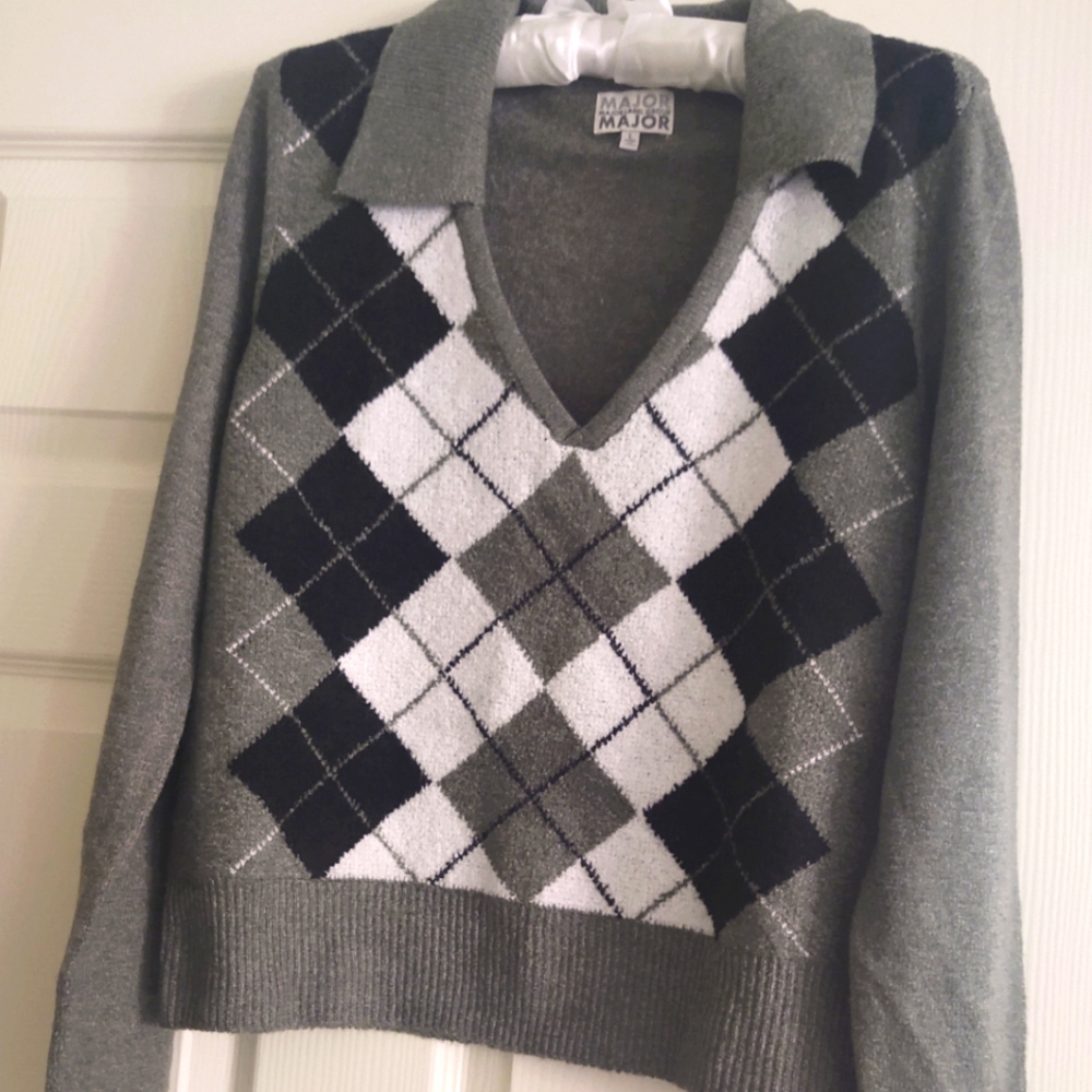 Lovely Fuzzy Argyle Sweater New